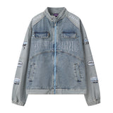 Men Denim Jacket Men's Stitching Embroidered Letters Washed and Worn Denim Jacket