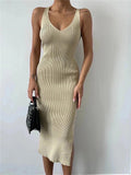 Women Sweater Dress Sleeveless Knitted Midi Skirt Summer V-neck