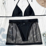 Women Co-Ord Set Swimsuit Solid Color Mesh Rhinestone Three-Piece Bikini Swimsuit