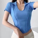 Women T-Shirt Polo Lapel Fitted Short T-shirt Short Sleeve Top