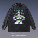 Men Long Sleeve Shirt Vintage Cartoon Printed Distressed Long Sleeve T-shirt for Men and Women Couple