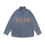 Men Long Sleeved T Shirt Embroidery Denim Shirt Jacket Men's Spring and Autumn Lapel Shirt Ins Loose Casual