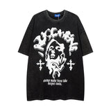 Men T Shirt Vintage Distressed Dark Portrait Wash Couple Short Sleeve T-shirt Men