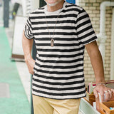 Men T Shirt Short Sleeve T-shirt Black and White Striped round Neck