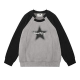 Men Hoodie Raglan Sleeve Crew Neck Pullover Sweatshirt Stitching Five-Pointed Star Printed Spring and Autumn Loose Top