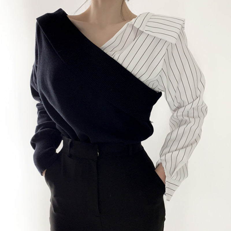 Women Long Sleeve Shirt V-neck Long Sleeve Top Contrast Color