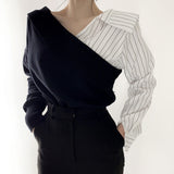 Women Long Sleeve Shirt V-neck Long Sleeve Top Contrast Color