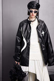 Unisex Jacket Autumn Black and White Color Contrast Patchwork Leather Coat for Women