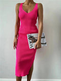 Women Sweater Dress Sleeveless Knitted Midi Skirt Summer V-neck