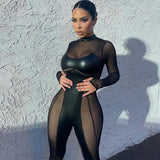 Women Jumpsuit Autumn Fashion Stitching Mesh round Neck