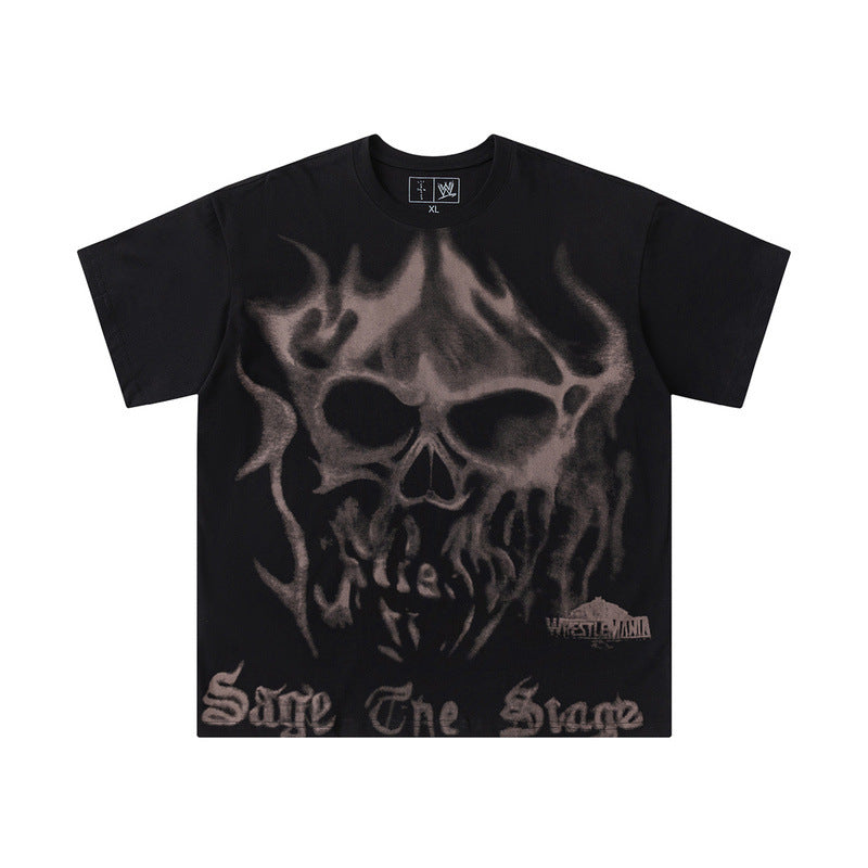 Travis Scott T-Shirt Travis Scott x WWE Flame Skull Letter Print SAGE THE STAGE Short Sleeve T
