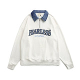 Men Hoodie Denim Hoodie Men's Loose Street Letter Long Sleeve Polo Shirt