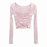 Women Long Sleeve Shirt Short V-neck Base Shirt Solid Color Slim Fit