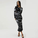 Women Desses Printed Dress Slim Fit round Neck Long Sleeves Hip Skirt