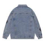 Men Denim Jacket Patterned Denim Jacket Men's Washed and Worn Denim Jacket