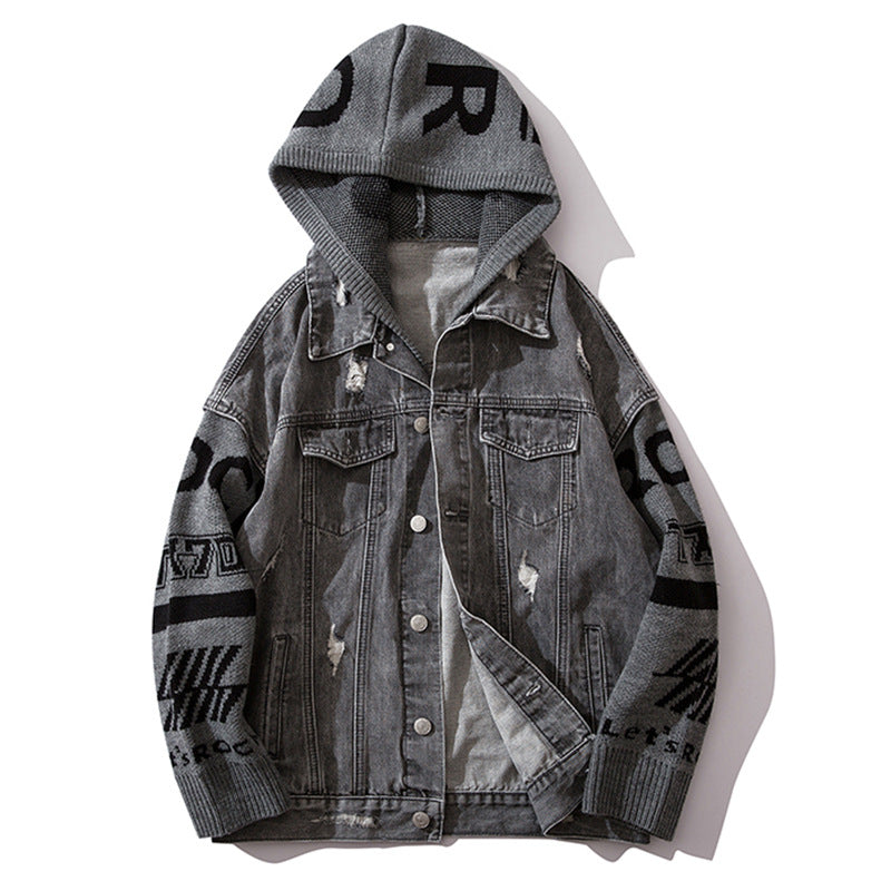 Men Denim Jacket Men's Spring and Autumn Loose Stitching Sweater Hooded Jacket