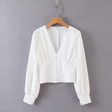 Women T-shirt Spring and Autumn V-neck Vintage Long Sleeve Shirt