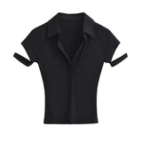 Women T-Shirt Slim Polo Collar Short Sleeve T-shirt Female Summer Patchwork Top