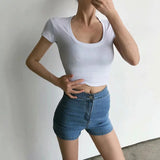 Women T-shirt Summer High Waist T-shirt Short Cotton Top