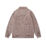Men Denim Jacket Butterfly Paste Cloth Embroidery Denim Jacket Men's Washed and Worn Coat