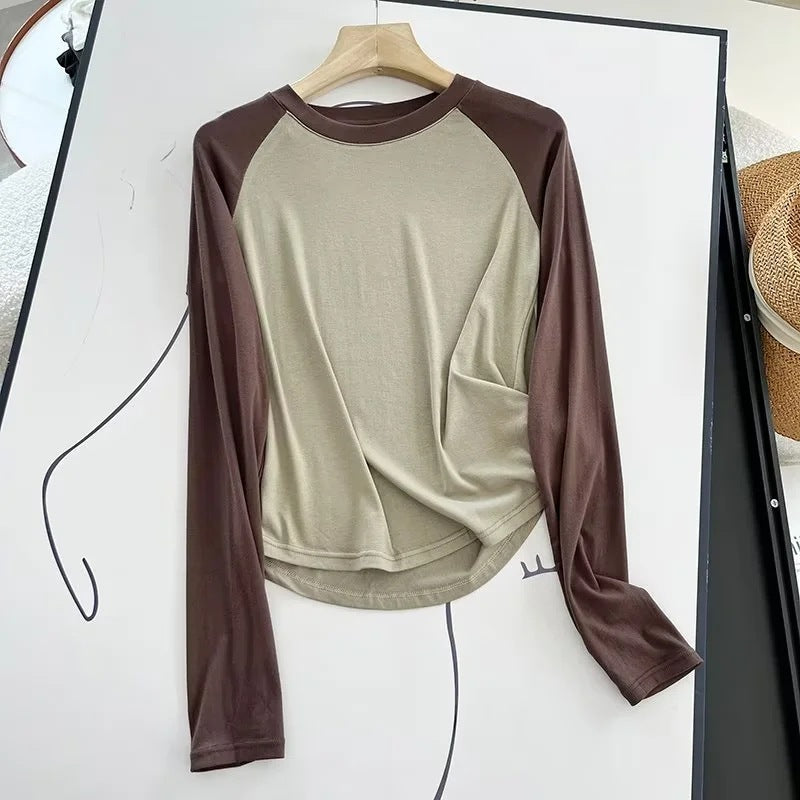 Women T-Shirt Long Sleeve T-shirt Female Contrast Color Slim Fit Autumn Winter Coat