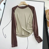 Women T-Shirt Long Sleeve T-shirt Female Contrast Color Slim Fit Autumn Winter Coat