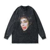 Men Long Sleeve Shirt Portrait Printing Washed and Worn T-shirt with Long Sleeves Hoodie Men and Women