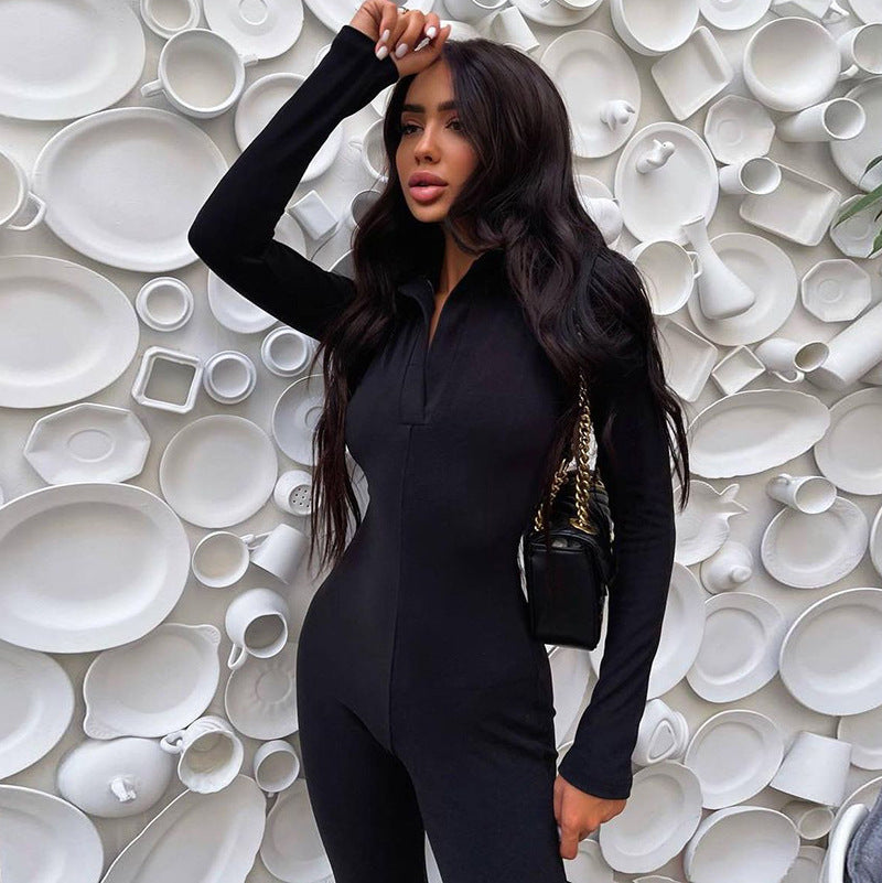 Women Jumpsuit Women's Clothing Fashion Polo Collar Slimming Long Sleeves Casual