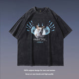 Men T Shirt Worn Looking Washed-out Cartoon Printed Short Sleeve T-shirt for Men and Women