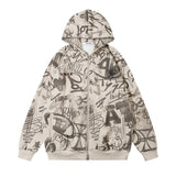 Men Hoodie Full of Graffiti Printed Hoodie Men's Two-Way Zipper Cardigan Sweater