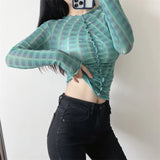 Women T-Shirt Long Sleeve Bottoming Shirt Personality Mesh Sun-Protective Clothing
