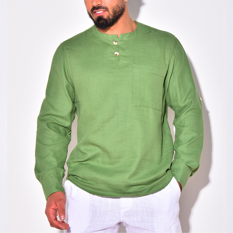 Men Shirt Summer Cotton and Linen Long-Sleeved T-shirt Casual Shirt