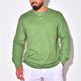 Men Shirt Summer Cotton and Linen Long-Sleeved T-shirt Casual Shirt
