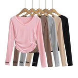 Women T-Shirt Waist Pleated Design V-neck Bottoming Shirt Women's Autumn