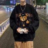 Men Hoodie round Neck Sweater Men's Spring and Autumn Bear Printed Long Sleeve Loose Casual