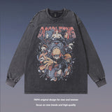 Men Long Sleeve Shirt Cartoon Printed Long-Sleeved Bottoming T-shirt Men and Women Washed Old