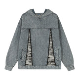 Men Denim Jacket Washed Do the Old Cowboy Sweatshirt Plaid Stitching Design Hooded Pullover
