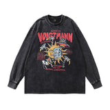Men Long Sleeve Shirt Skull Print Washed Long Sleeve T-shirt for Men and Women