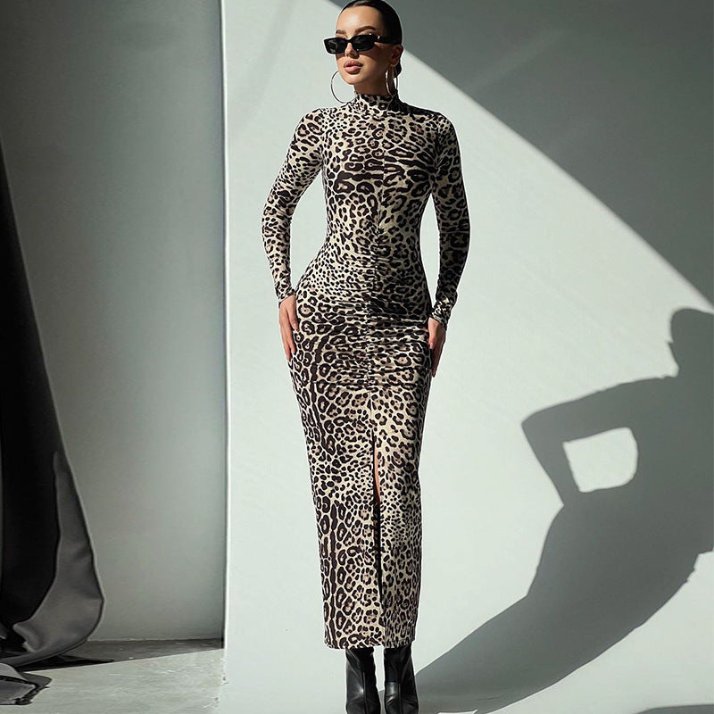 Women Desses Fall Women's Clothing Leopard Print Long Sleeve Dress