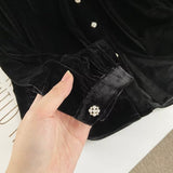 Women T-shirt Vintage Velvet Shirt Women Early Autumn Lace V-neck