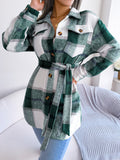 Plaid Trench Coat Casual Contrast Color Plaid Long-Sleeved Woolen Coat
