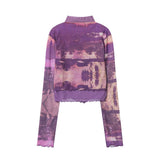 Women Long Sleeve T-Shirt Printed Half-High Collar Long Sleeves T-shirt Casual