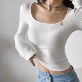 Women T-Shirt T-shirt Top Spring Bottoming Square-Cut Collar Slimming Long Sleeve