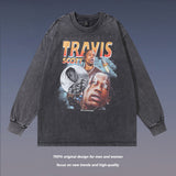 Men Long Sleeve Shirt Vintage Printed Washed and Worn Long Sleeve Bottoming T-shirt for Men and Women