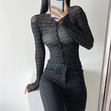 Women T-Shirt Long Sleeve Bottoming Shirt Personality Mesh Sun-Protective Clothing