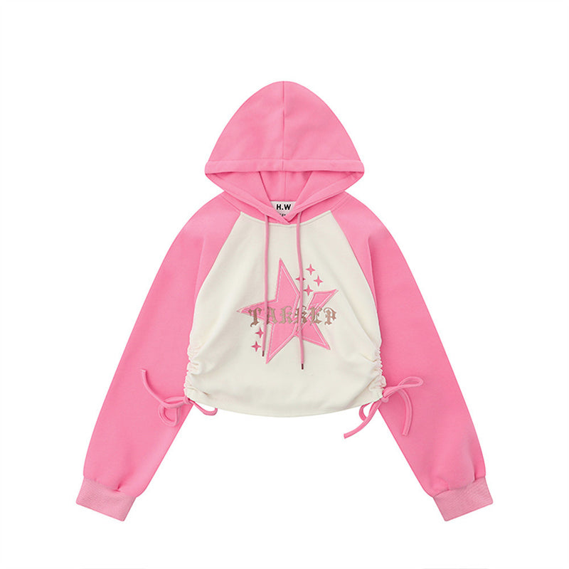 Women Hoodie Five-Pointed Star Affixed Cloth Embroidered Hooded Hoodie Short Women's Autumn