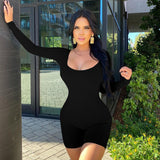 Women Jumpsuit Solid Color U-Collar Slim Fit Slimming Long Sleeves Jumpsuit