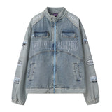 Men Denim Jacket Men's Stitching Embroidered Letters Washed and Worn Denim Jacket
