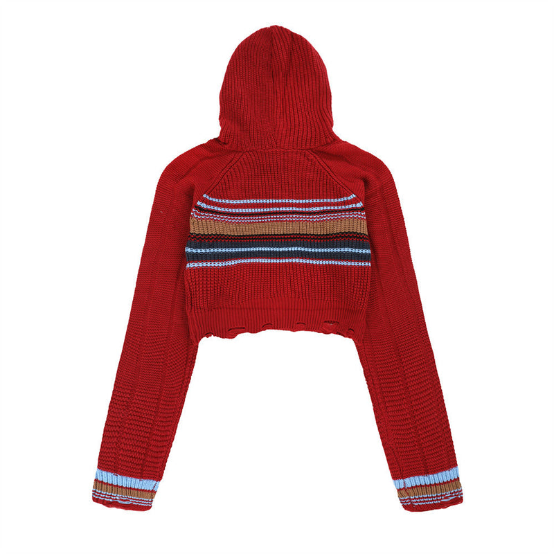 Women Sweater Short Hood Knitted Girls' Fall Color-Blocking Sweater