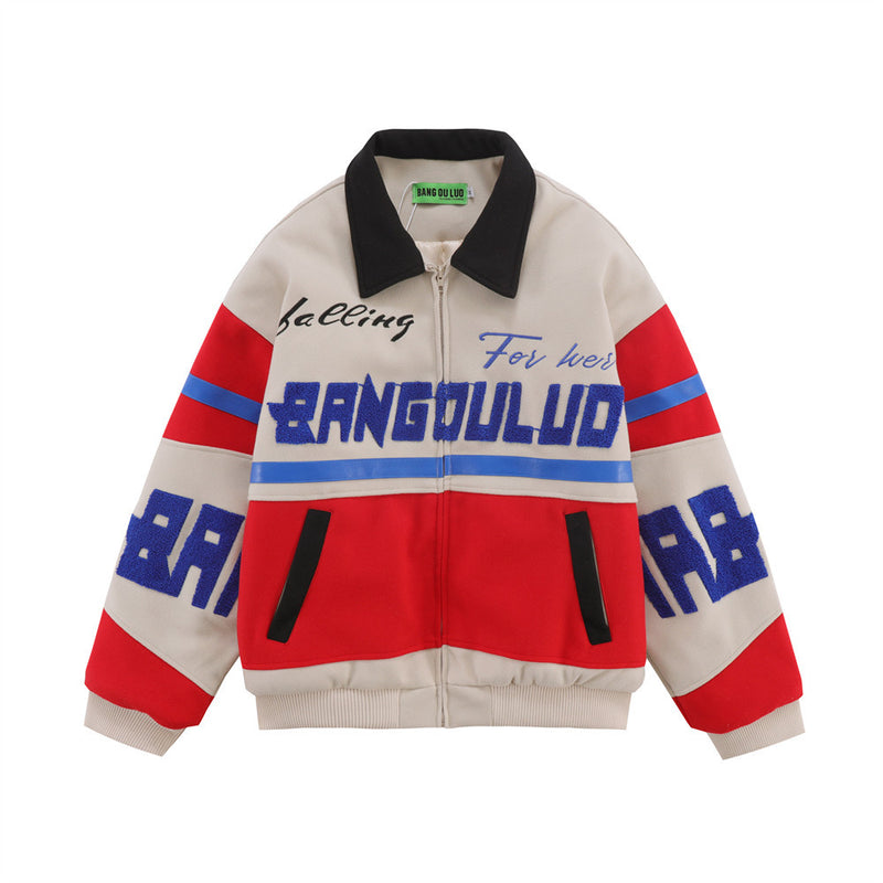 Men Cotton Mixed Jacket Coat Racing Suit Men's Winter Cotton Padded Stitching Embroidery Letters Polo Collar Jacket